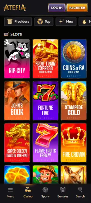 Atefia Casino mobile slots interface showing slot game selection with popular titles and filtering options - captured during platform testing
