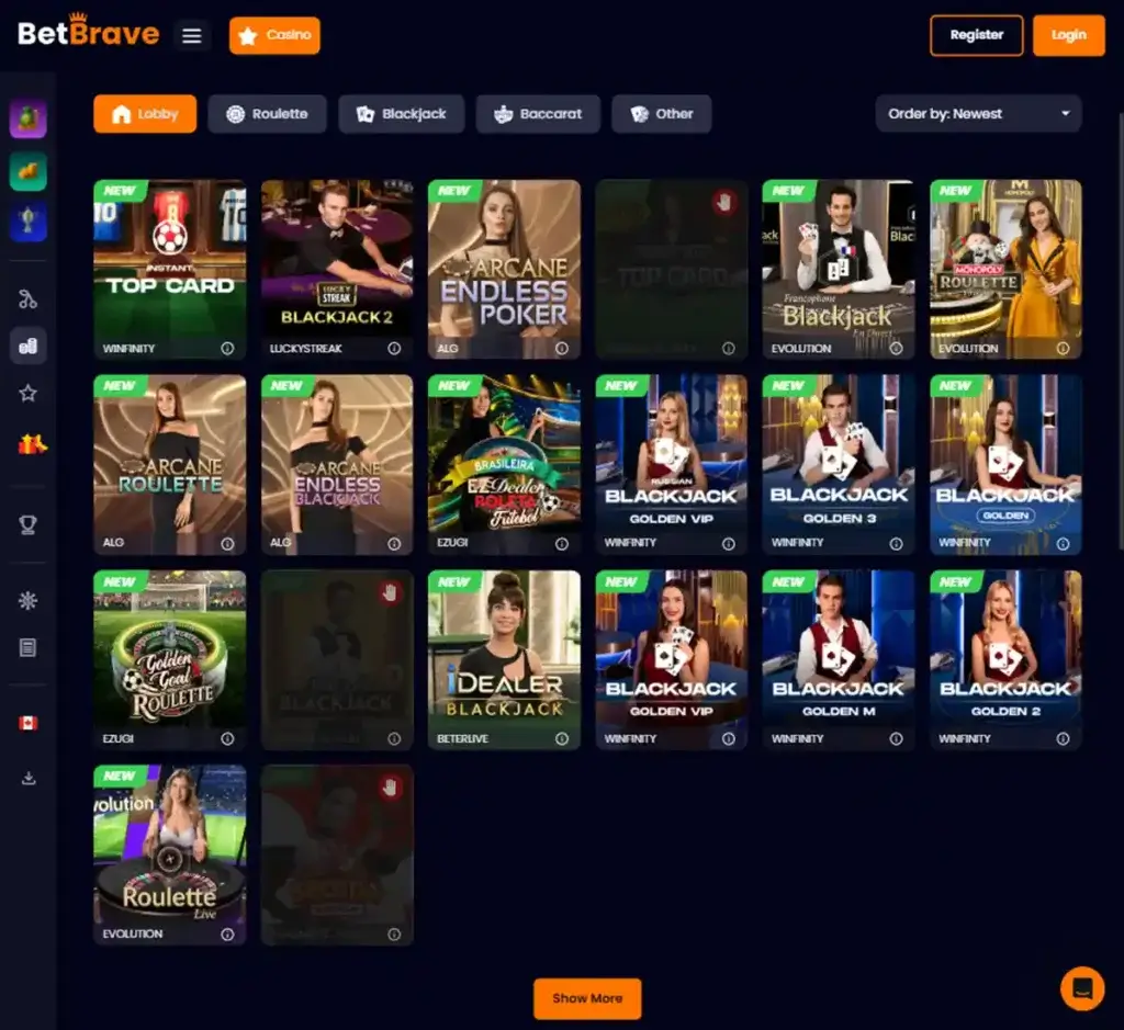 BetBrave Casino desktop live casino lobby featuring live dealer games and real-time streaming interface - tested BetBrave Casino desktop live casino lobby featuring live dealer games and real-time streaming interface - tested