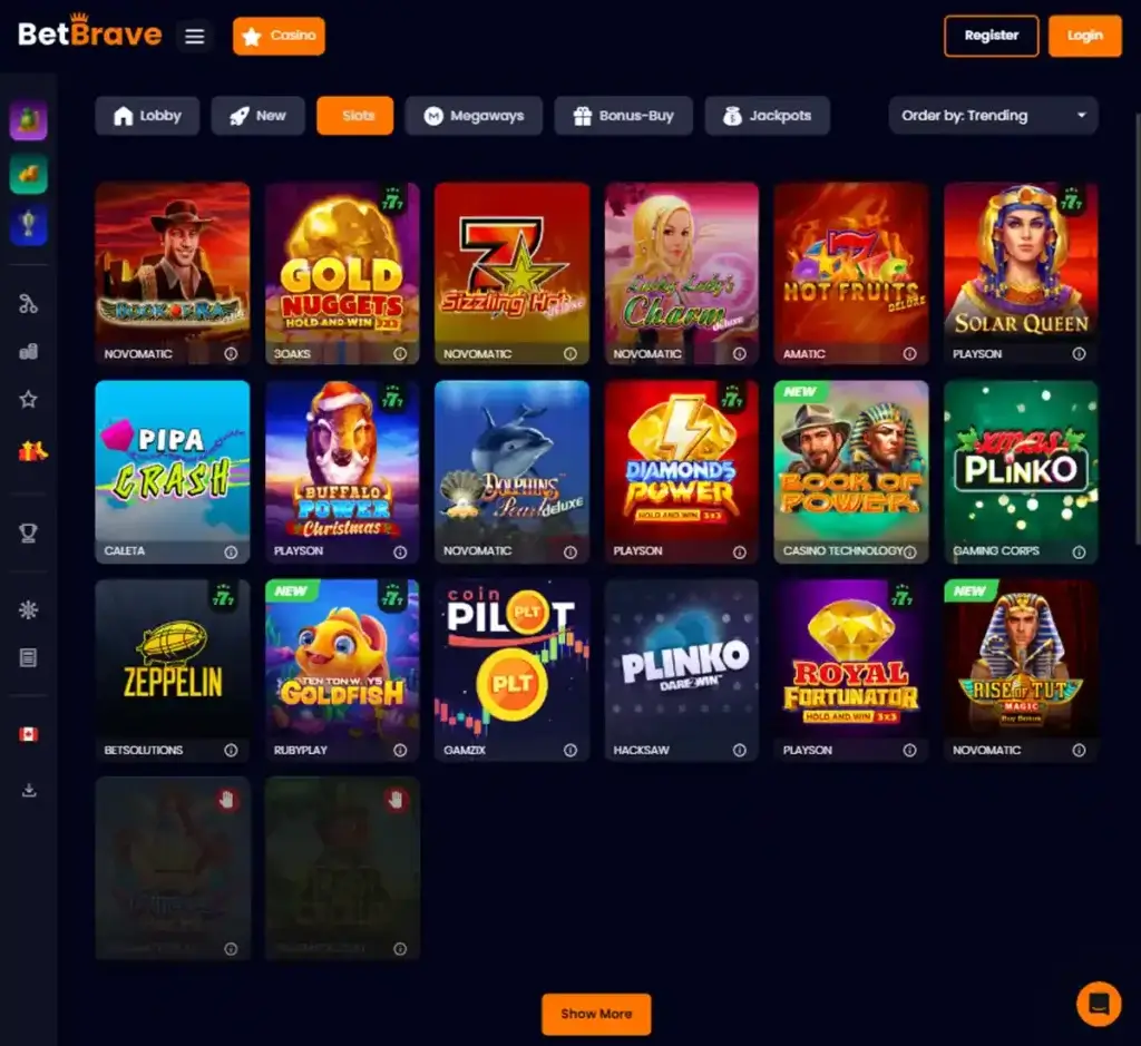 BetBrave Casino desktop slots lobby presenting a variety of slot games with categories and providers - tested BetBrave Casino desktop slots lobby presenting a variety of slot games with categories and providers - tested