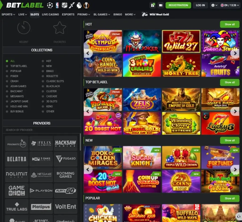 Betlabel Casino desktop slots lobby presenting a variety of slot games with categories and providers - tested Betlabel Casino desktop slots lobby presenting a variety of slot games with categories and providers - tested