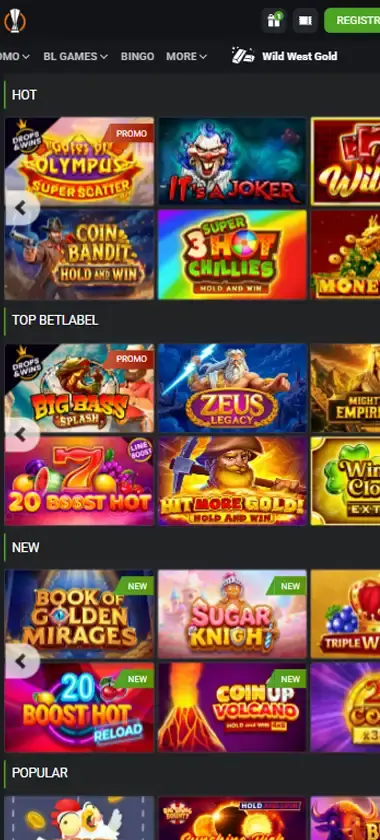 Betlabel Casino mobile slots interface showing slot game selection with popular titles and filtering options - tested Betlabel Casino mobile slots interface showing slot game selection with popular titles and filtering options - tested