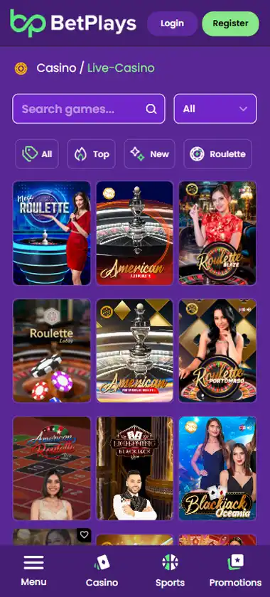 BetPlays Casino mobile live casino interface screenshot showing live dealer tables including blackjack and roulette - tested