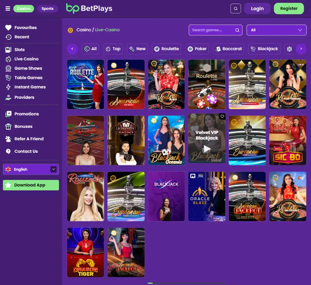 BetPlays Casino desktop live casino lobby screenshot featuring live dealer games and real-time streaming interface - review testing