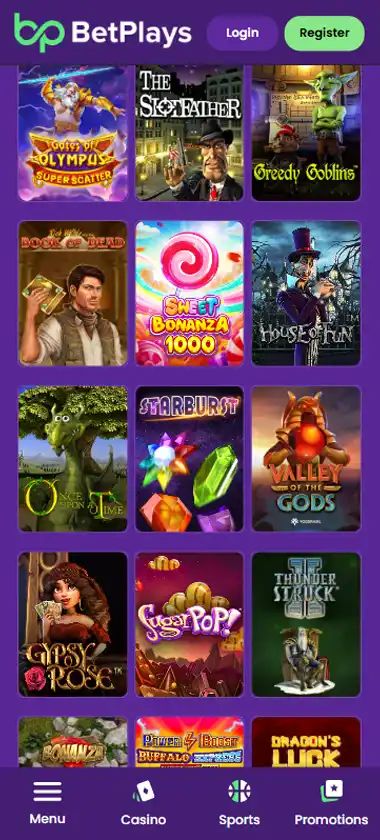 BetPlays Casino mobile slots interface screenshot showing slot game selection with popular titles and filtering options - captured during platform testing