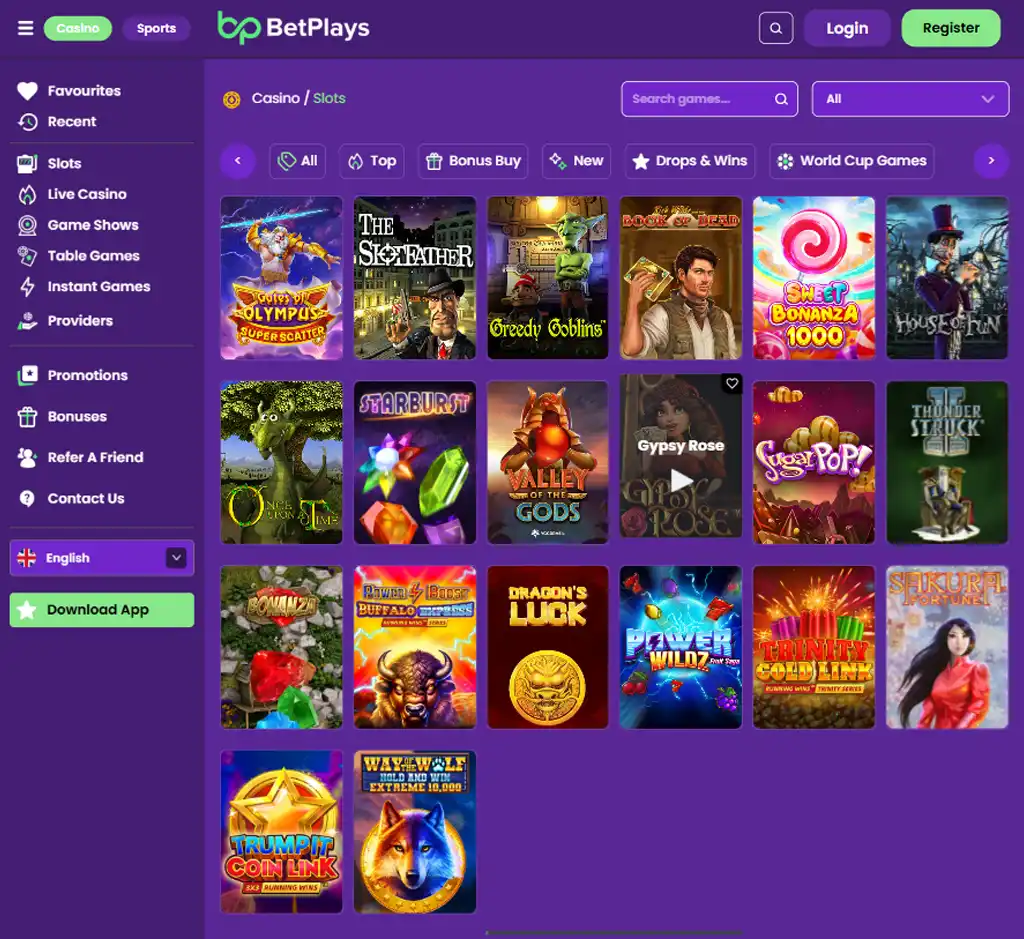 BetPlays Casino desktop slots lobby screenshot presenting variety of slot games with categories and providers - verified