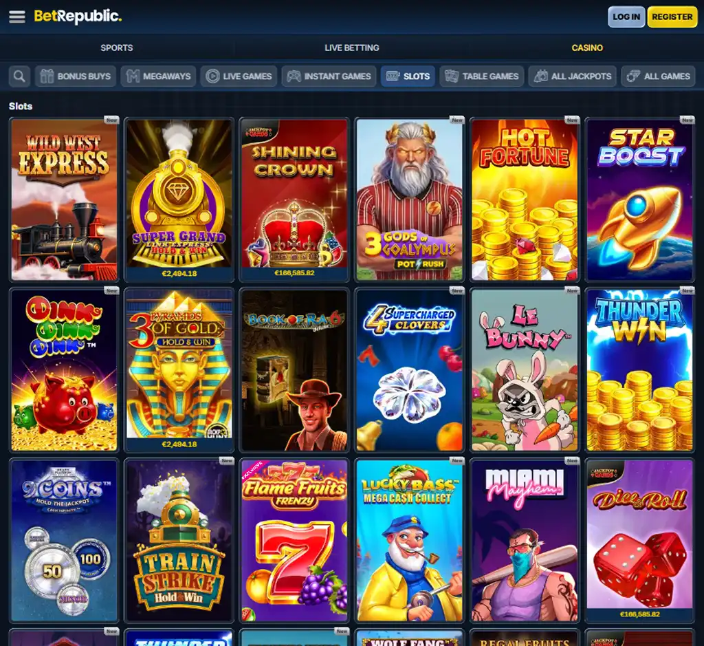 BetRepublic Casino desktop slots lobby screenshot presenting variety of slot games with categories and providers - verified BetRepublic Casino desktop slots lobby screenshot presenting variety of slot games with categories and providers - verified