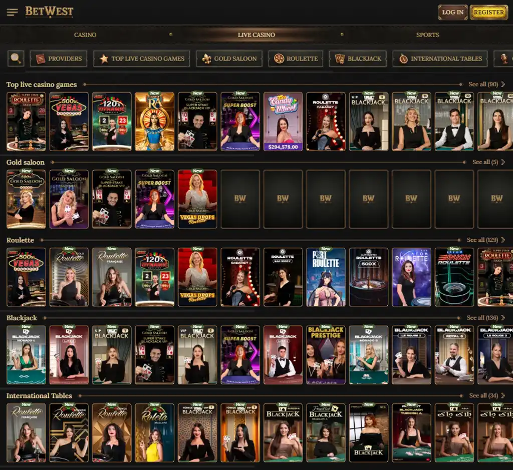 BetWest Casino desktop live casino lobby screenshot featuring live dealer games and real-time streaming interface - review testing