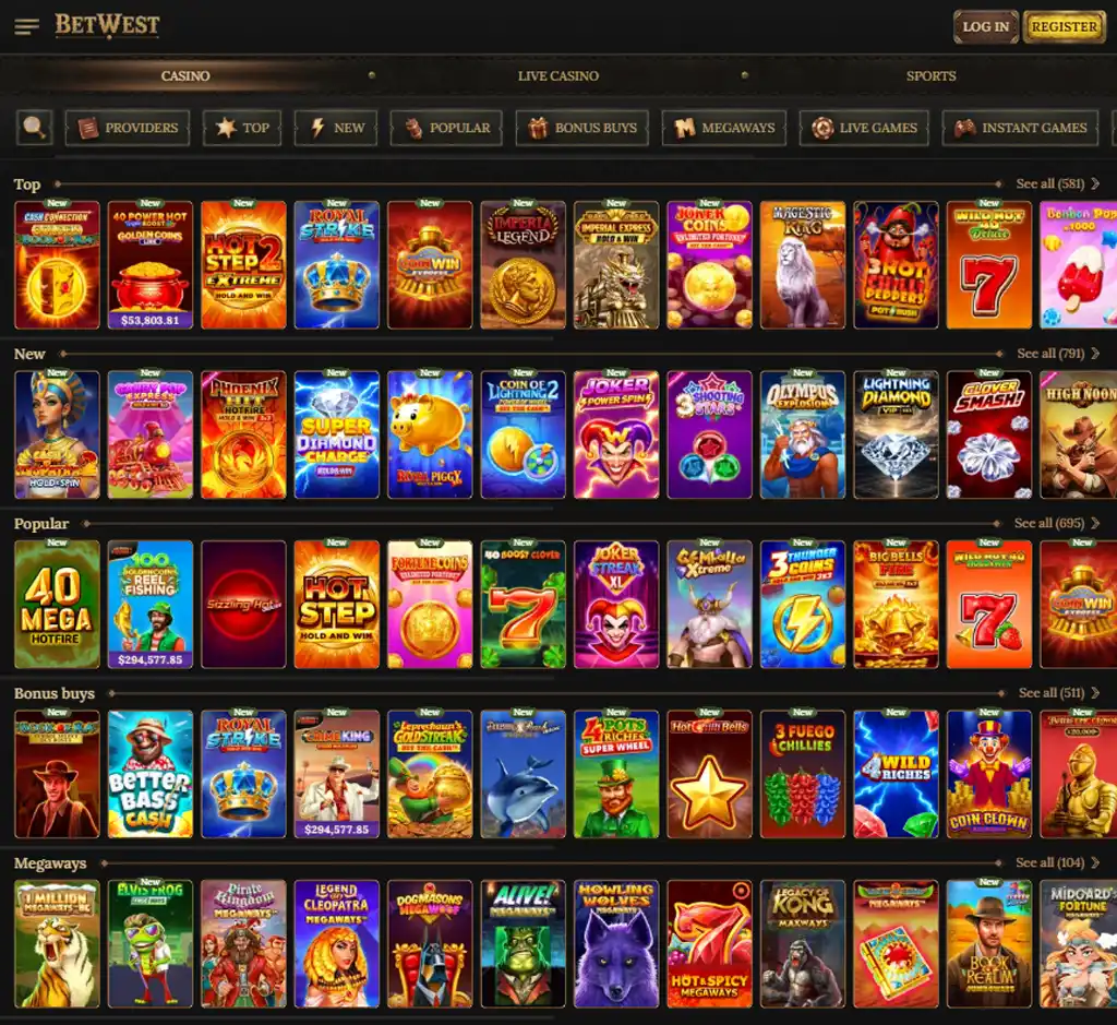 BetWest Casino desktop slots lobby screenshot presenting variety of slot games with categories and providers - verified