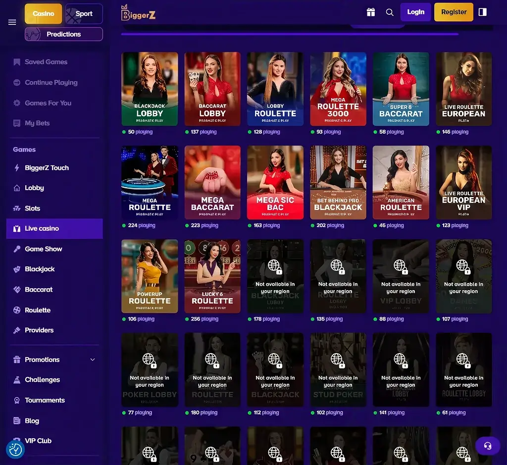 Biggerz Casino desktop live casino lobby featuring live dealer games and real-time streaming interface - review testing Biggerz Casino desktop live casino lobby featuring live dealer games and real-time streaming interface - review testing