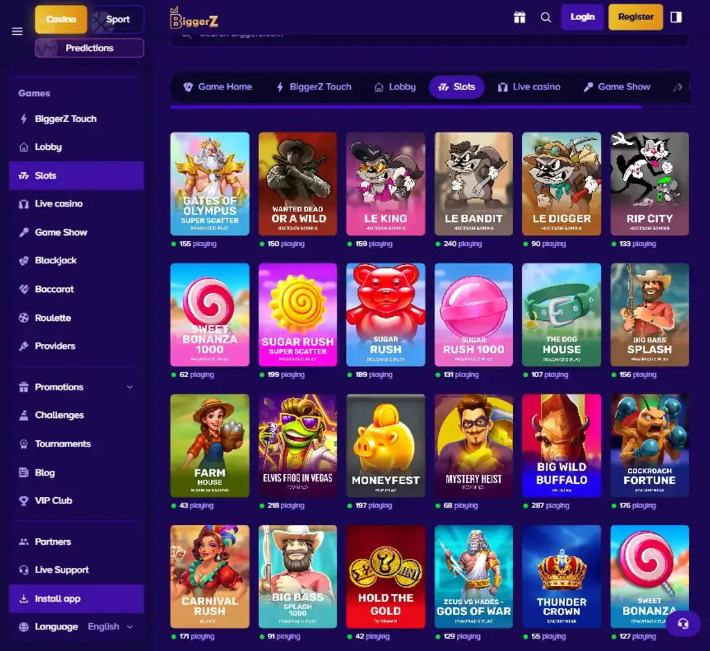 Biggerz Casino desktop slots lobby screenshot presenting variety of slot games with categories and providers - verified Biggerz Casino desktop slots lobby screenshot presenting variety of slot games with categories and providers - verified
