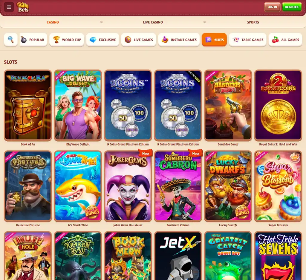 Billy Bets Casino desktop slots lobby screenshot presenting variety of slot games with categories and providers - verified Billy Bets Casino desktop slots lobby screenshot presenting variety of slot games with categories and providers - verified