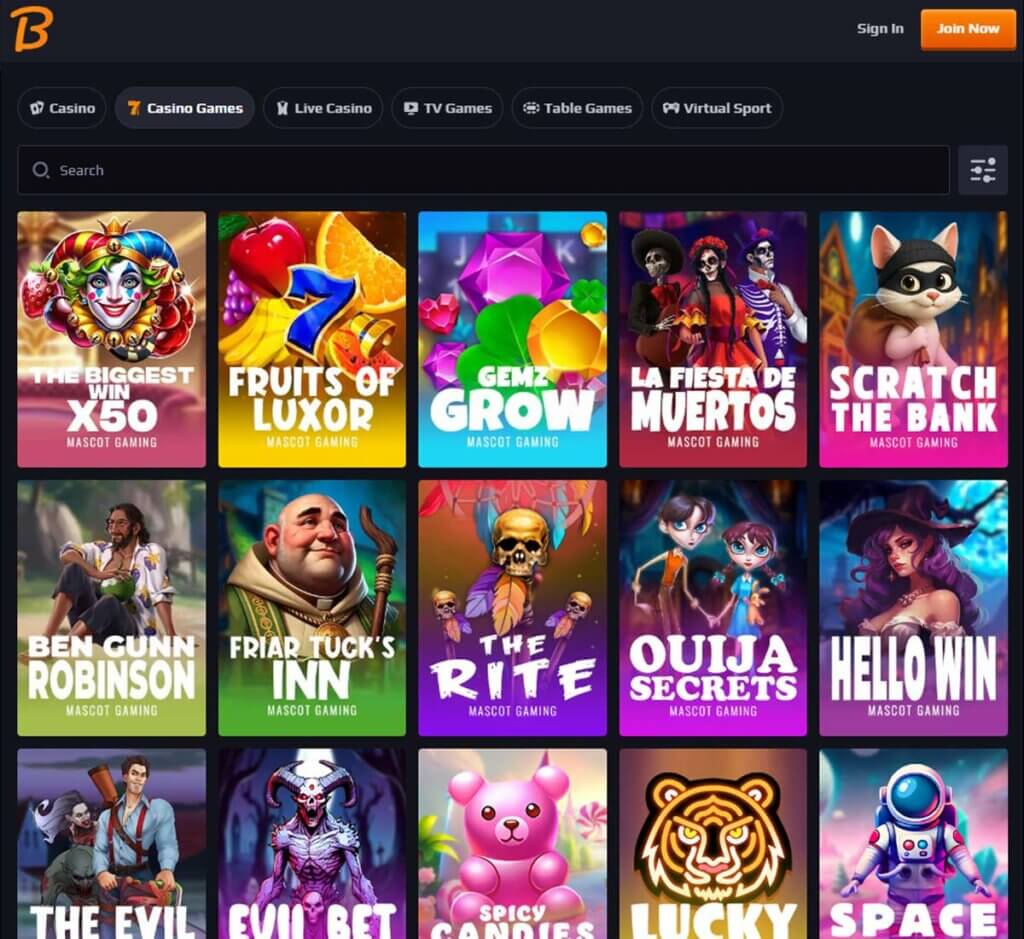 Blaze Spins Casino desktop slots screenshot showing Mascot Gaming slots like Fruits of Luxor, Gemz Grow and The Rite - tested