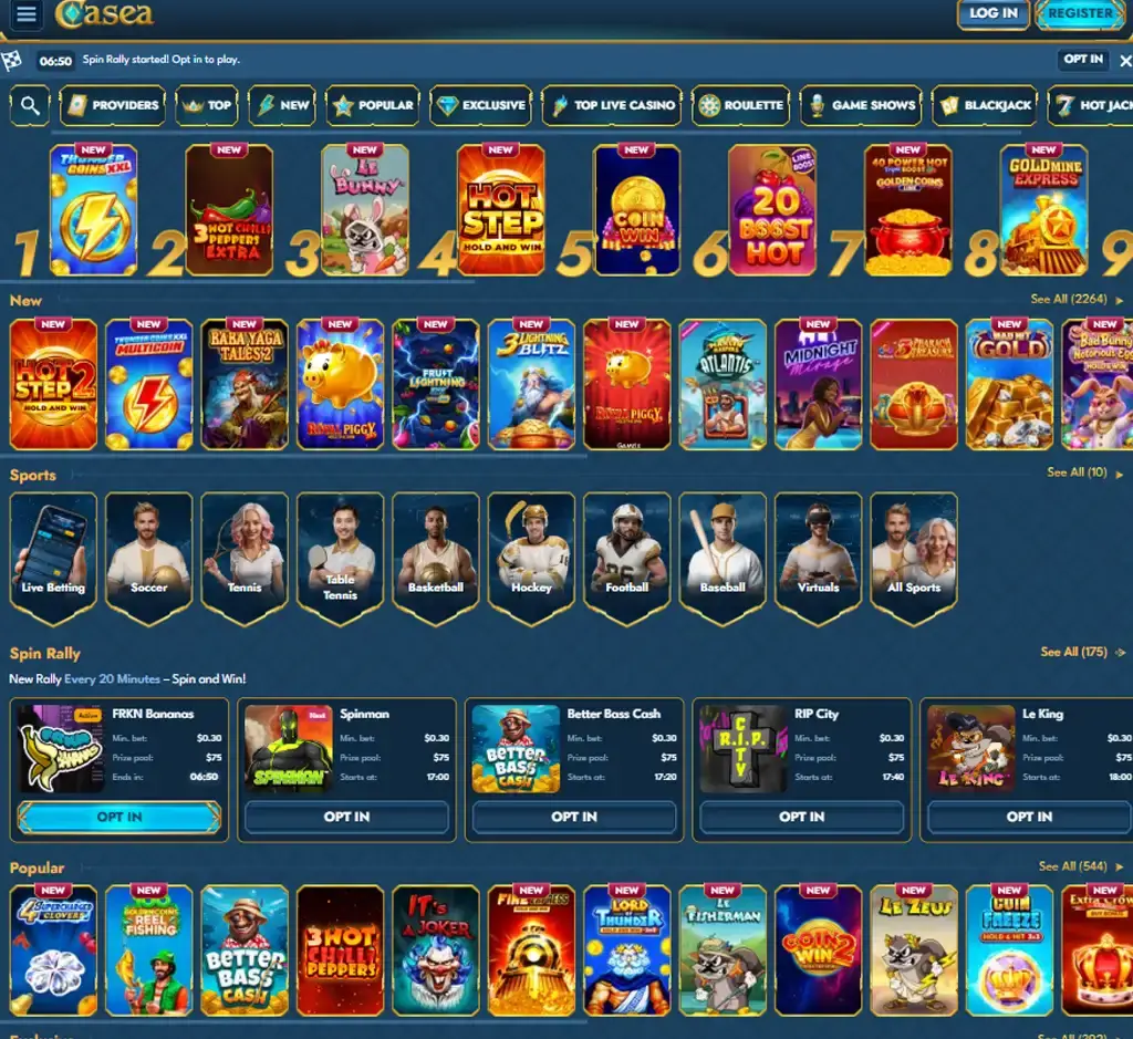 Casea Casino desktop homepage screenshot displaying main lobby with featured games, promotions and navigation menu - tested