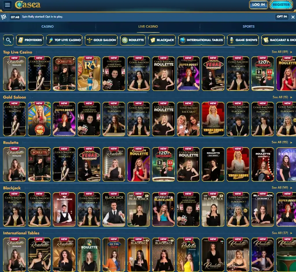 Casea Casino desktop live casino lobby screenshot featuring live dealer games and real-time streaming interface - review testing