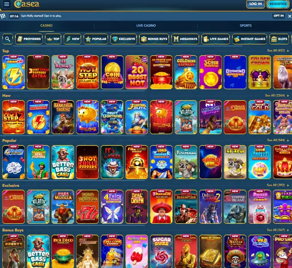Casea Casino desktop slots lobby screenshot presenting variety of slot games with categories and providers - verified