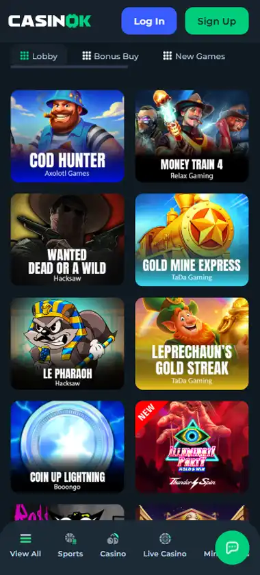 Casinok Casino mobile slots interface showing slot game selection with popular titles and filtering options - captured during platform testing Casinok Casino mobile slots interface showing slot game selection with popular titles and filtering options - captured during platform testing