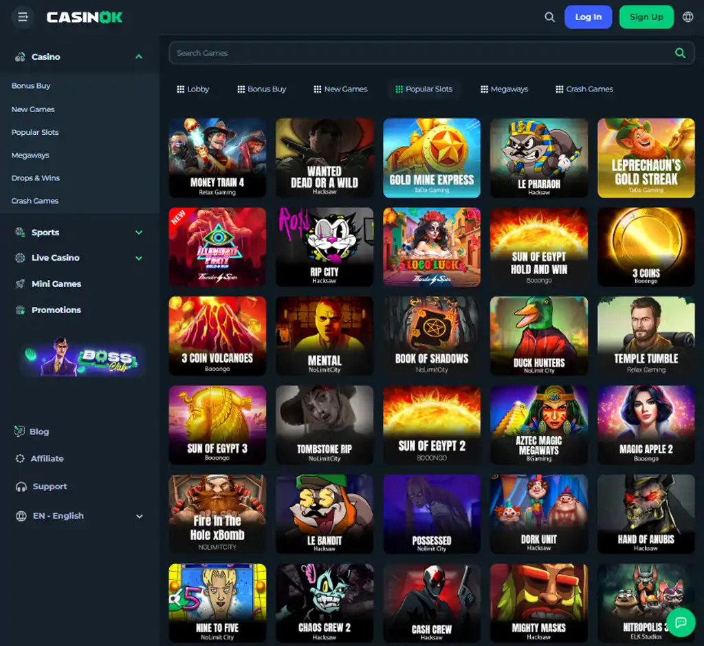 Casinok Casino desktop slots lobby presenting a variety of slot games with categories and providers - tested Casinok Casino desktop slots lobby presenting a variety of slot games with categories and providers - tested