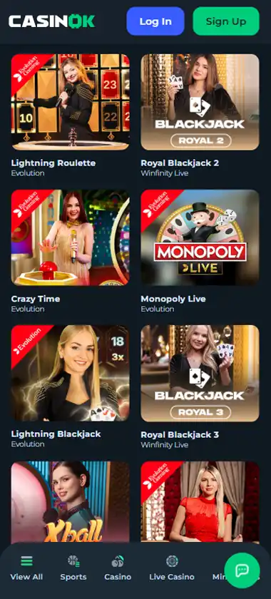 Casinok Casino mobile live casino interface showing live dealer tables including blackjack and roulette - captured during platform testing Casinok Casino mobile live casino interface showing live dealer tables including blackjack and roulette - captured during platform testing