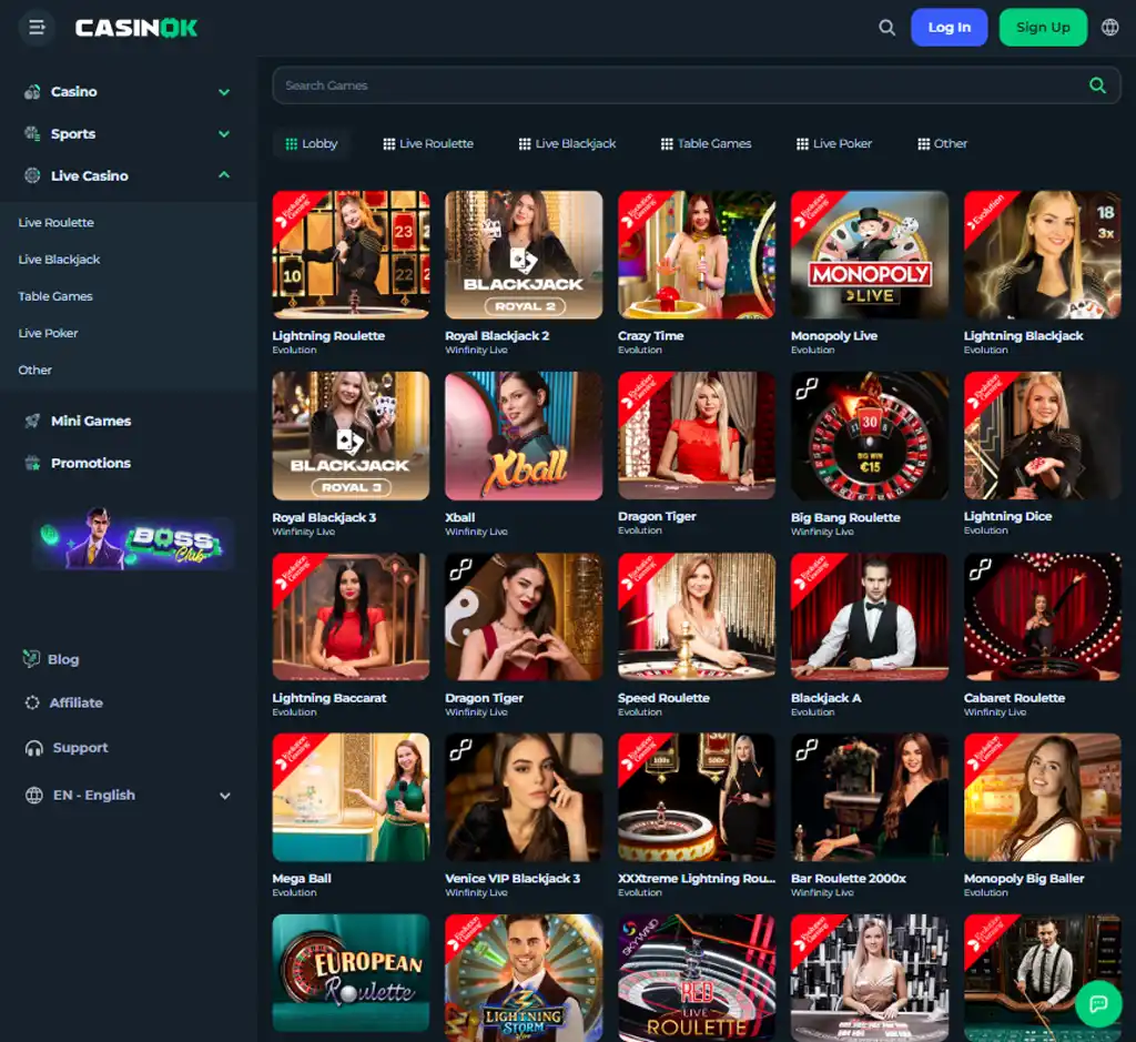 Casinok Casino desktop live casino lobby featuring live dealer games and real-time streaming interface - tested Casinok Casino desktop live casino lobby featuring live dealer games and real-time streaming interface - tested