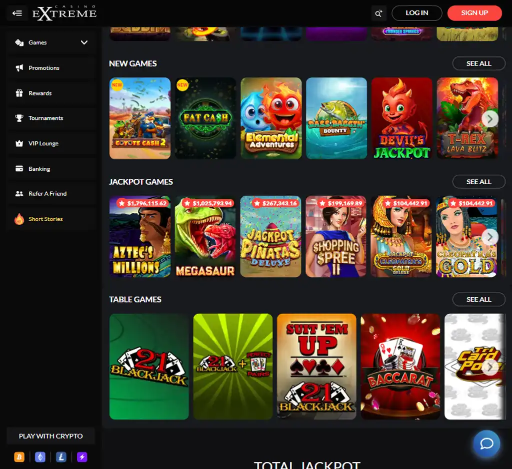 Casino Extreme desktop homepage screenshot displaying main casino lobby with featured games, promotions and navigation menu - tested