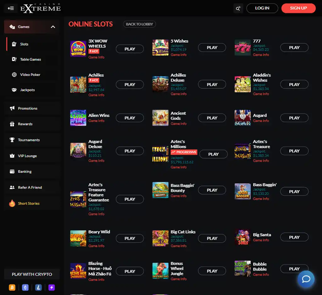 Casino Extreme desktop slots lobby screenshot presenting variety of slot games with categories and providers - verified