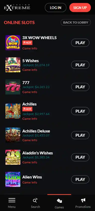 Casino Extreme mobile slots interface screenshot showing slot game selection with popular titles and filtering options - captured during platform testing