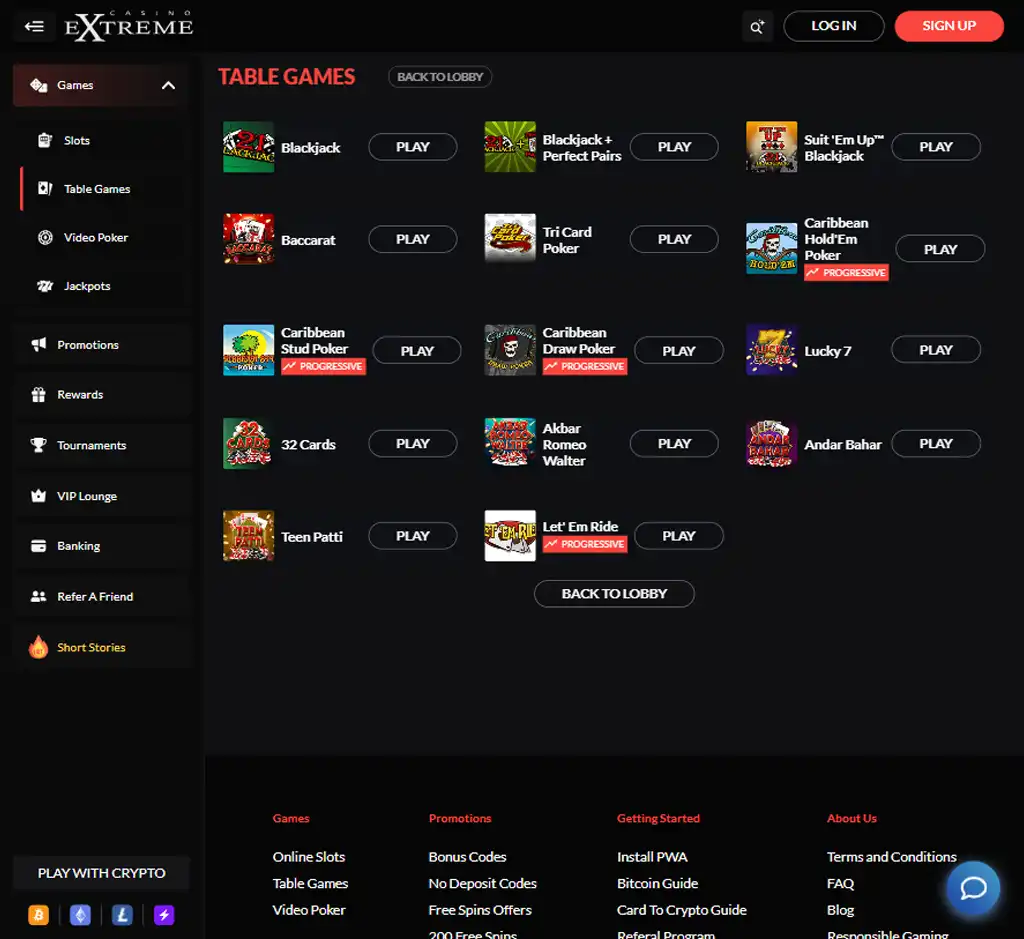 Casino Extreme desktop table games lobby screenshot displaying classic casino games such as blackjack, roulette and baccarat - tested