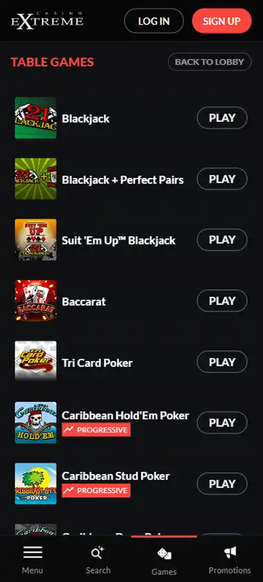 Casino Extreme mobile table games interface screenshot showing selection of blackjack, roulette and baccarat games - captured during platform testing