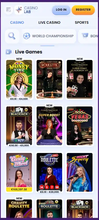 Casino Lab mobile live casino interface screenshot showing live dealer tables including blackjack and roulette - tested Casino Lab mobile live casino interface screenshot showing live dealer tables including blackjack and roulette - tested