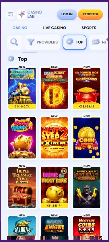 Casino Lab mobile slots interface screenshot showing slot game selection with popular titles and filtering options - captured during platform testing Casino Lab mobile slots interface screenshot showing slot game selection with popular titles and filtering options - captured during platform testing