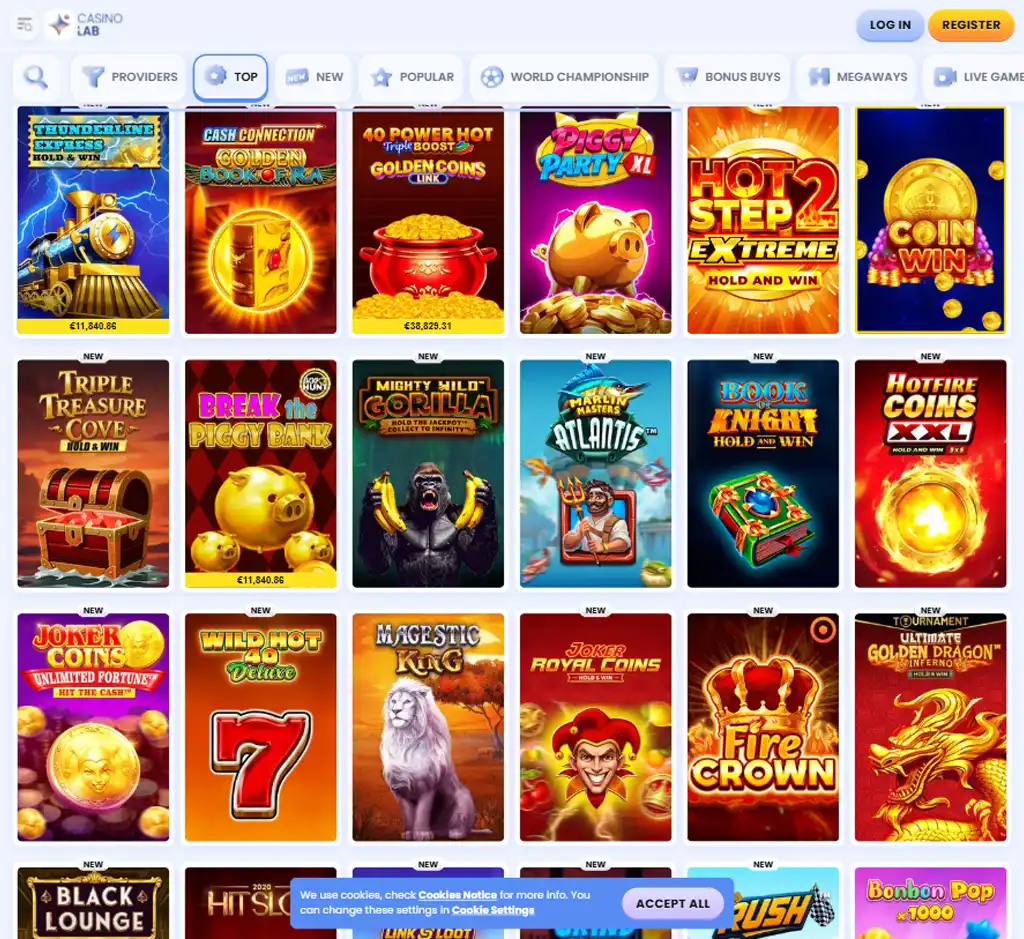 Casino Lab desktop slots lobby screenshot presenting variety of slot games with categories and providers - verified Casino Lab desktop slots lobby screenshot presenting variety of slot games with categories and providers - verified