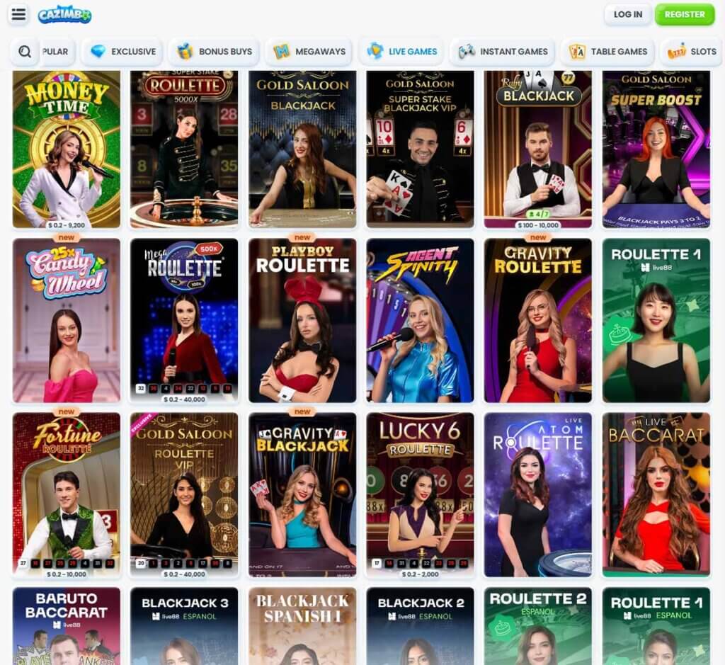 Cazimbo Casino desktop live casino lobby screenshot featuring live dealer games and real-time streaming interface - review testing