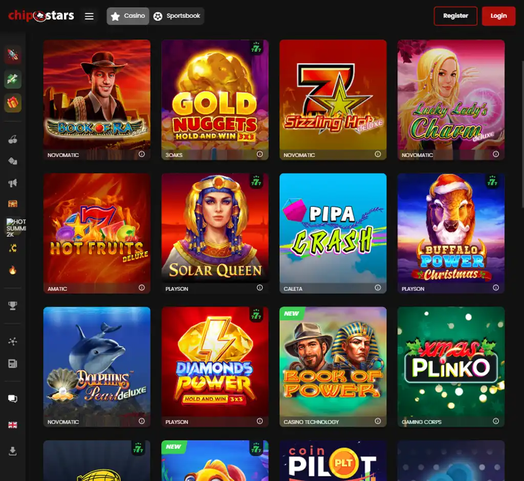 Chipstars Casino desktop slots lobby screenshot presenting variety of slot games with categories and providers - verified
