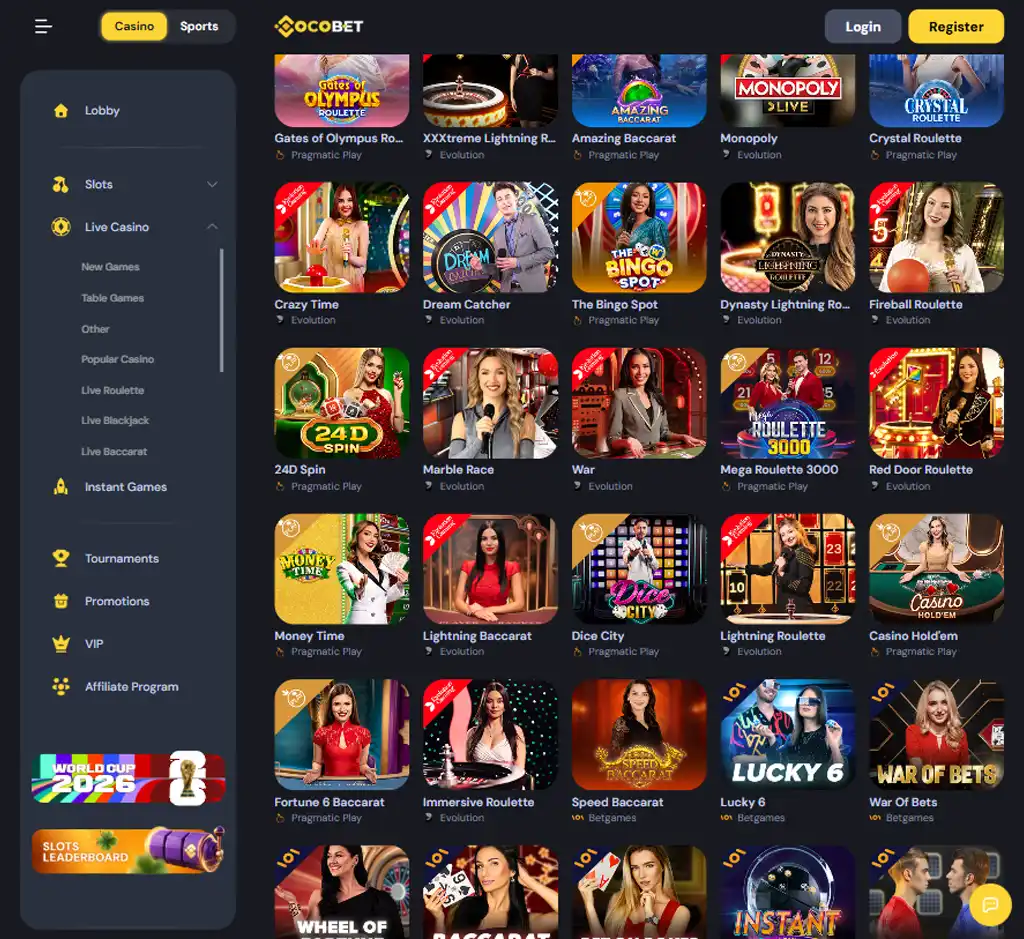 Coco Bet Casino desktop live casino lobby screenshot featuring live dealer games and real-time streaming interface - review testing