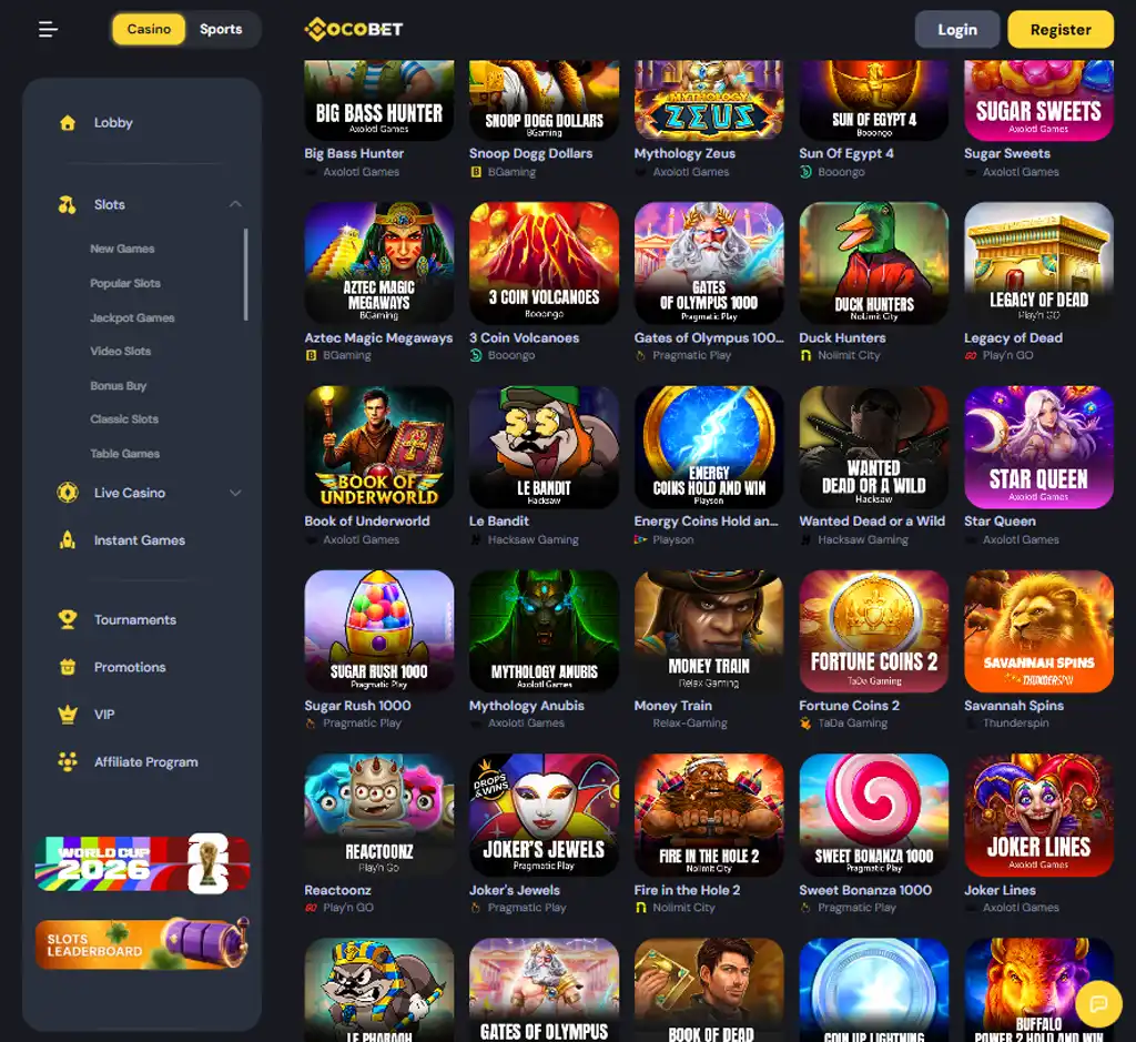 Coco Bet Casino desktop slots lobby screenshot presenting variety of slot games with categories and providers - verified