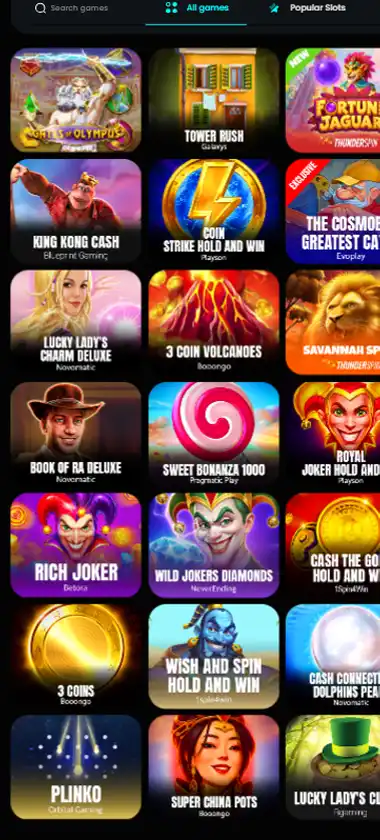 Cosmobet Casino mobile slots interface screenshot showing slot game selection with popular titles and filtering options - captured during platform testing