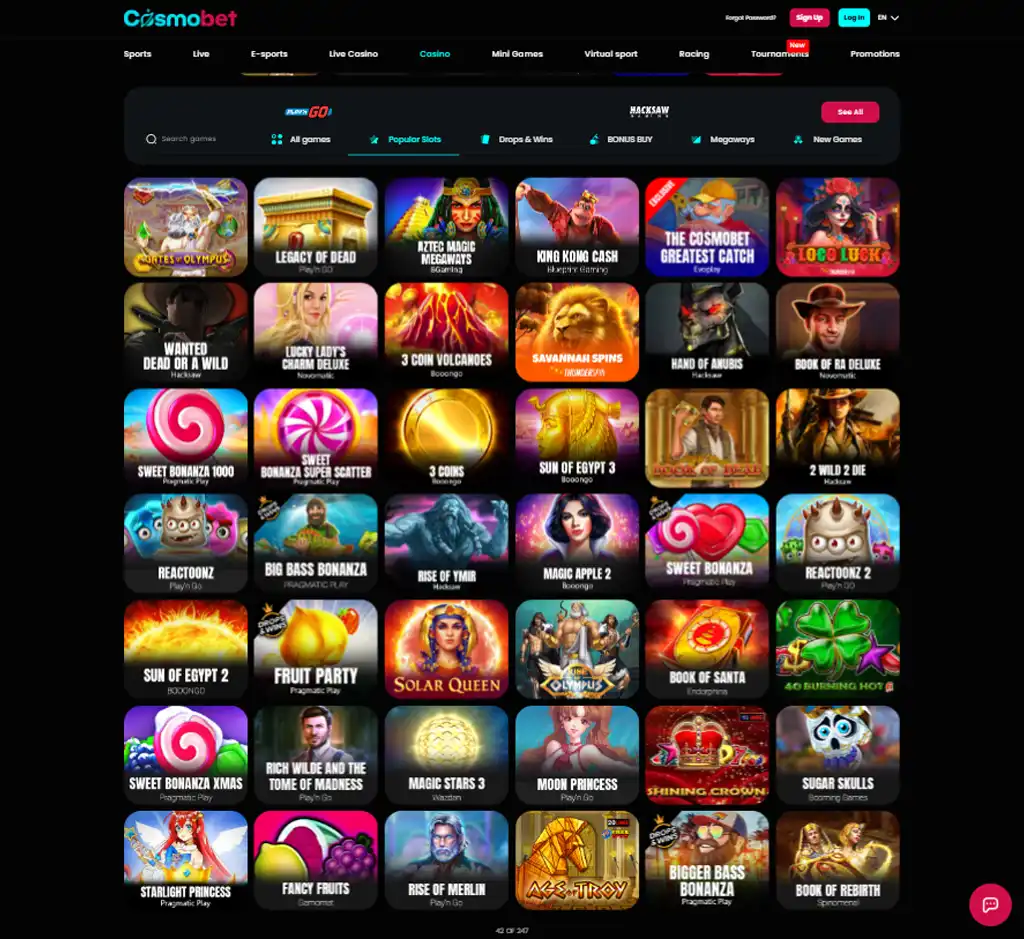 Cosmobet Casino desktop slots lobby screenshot presenting variety of slot games with categories and providers - verified