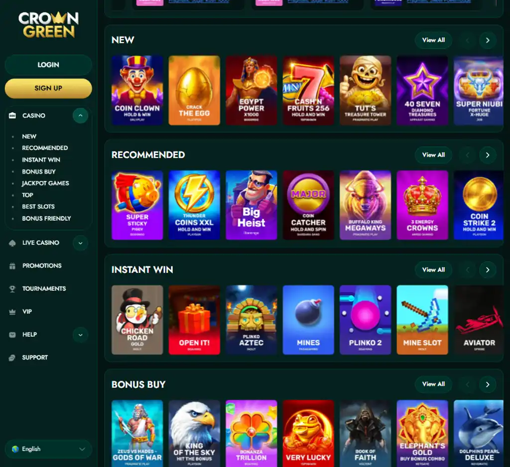 Crown Green Casino desktop homepage screenshot displaying main casino lobby with featured games, promotions and navigation menu - tested