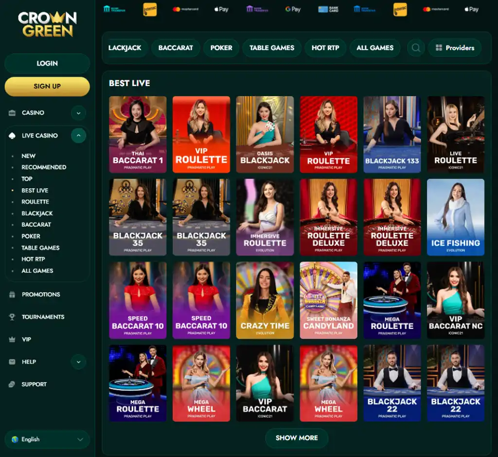 Crown Green Casino desktop live casino lobby screenshot featuring live dealer games and real-time streaming interface - review testing