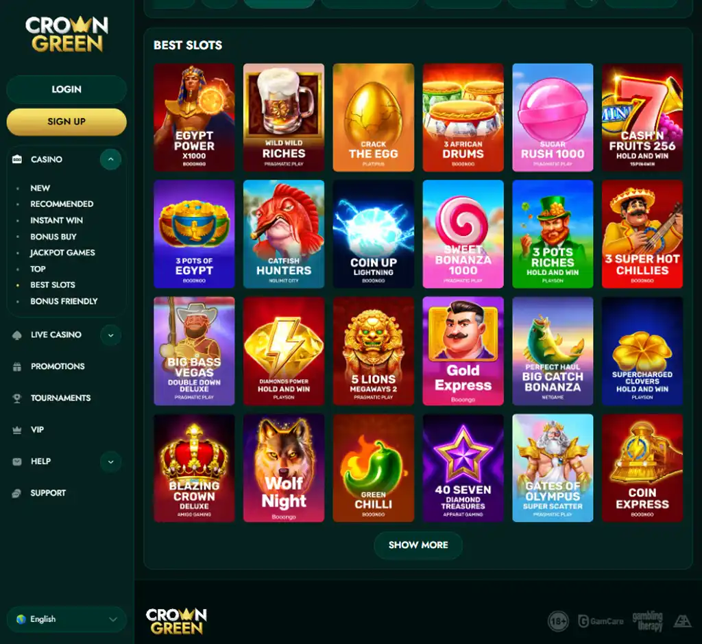 Crown Green Casino desktop slots lobby screenshot presenting variety of slot games with categories and providers - verified