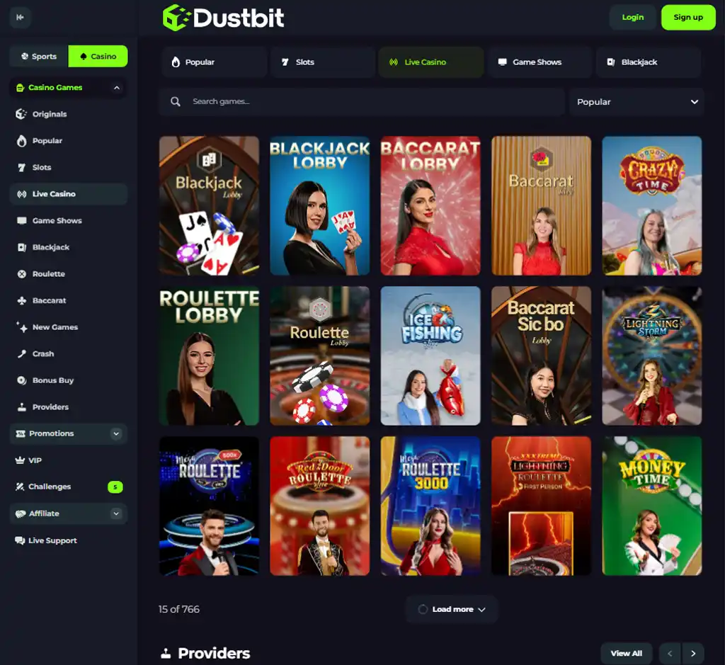 Dustbit Casino desktop live casino lobby screenshot featuring live dealer games and real-time streaming interface - review testing Dustbit Casino desktop live casino lobby screenshot featuring live dealer games and real-time streaming interface - review testing