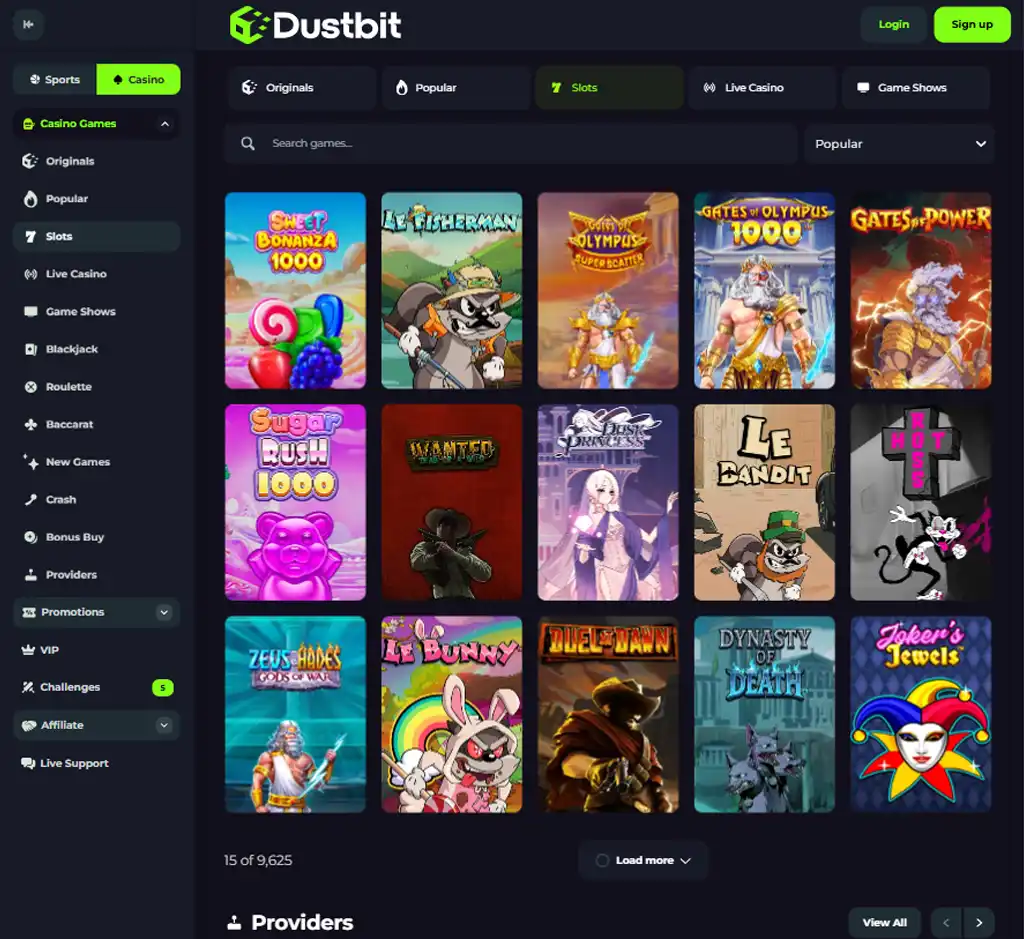 Dustbit Casino desktop slots lobby screenshot presenting variety of slot games with categories and providers - verified Dustbit Casino desktop slots lobby screenshot presenting variety of slot games with categories and providers - verified
