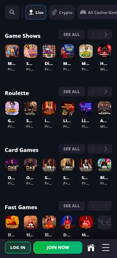 Lucky Elf Casino mobile live casino interface screenshot showing live dealer tables including blackjack and roulette - tested