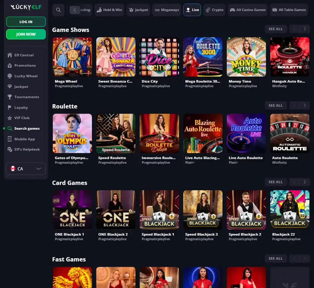 Lucky Elf Casino desktop live casino lobby screenshot featuring live dealer games and real-time streaming interface - review testing