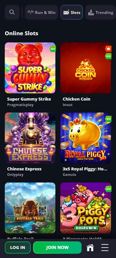 Lucky Elf Casino mobile slots interface screenshot showing slot game selection with popular titles and filtering options - captured during platform testing