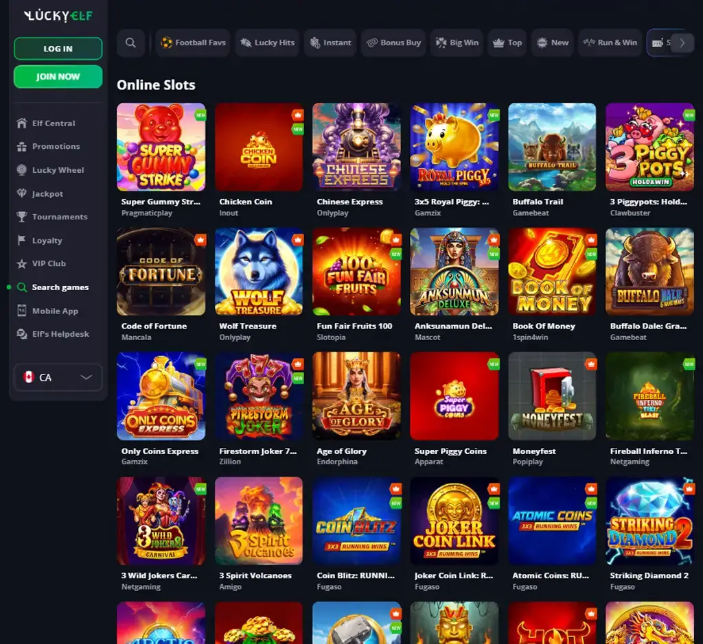 Lucky Elf Casino desktop slots lobby screenshot presenting variety of slot games with categories and providers - verified