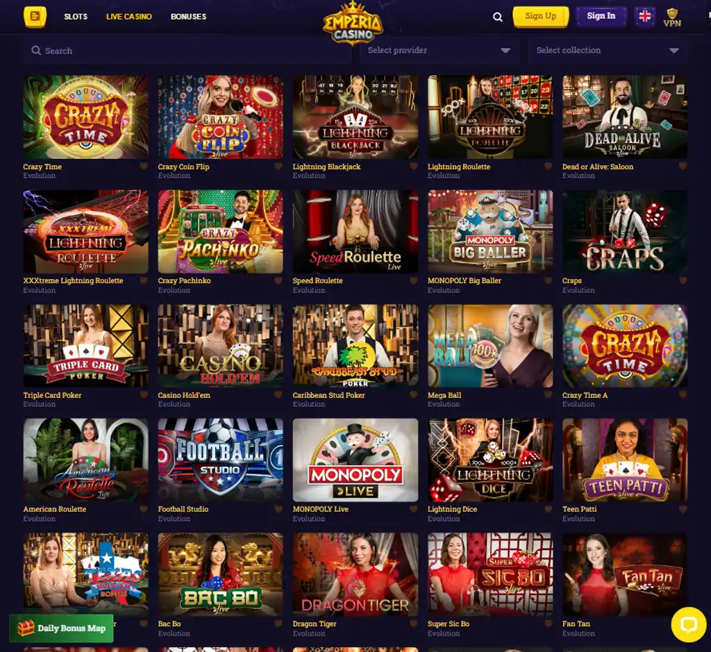 Emperia Casino desktop live casino lobby screenshot featuring live dealer games and real-time streaming interface - review testing