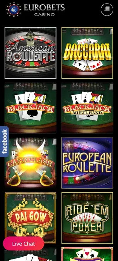 EuroBets Casino mobile table games interface screenshot showing selection of blackjack, roulette and baccarat games - captured during platform testing EuroBets Casino mobile table games interface screenshot showing selection of blackjack, roulette and baccarat games - captured during platform testing