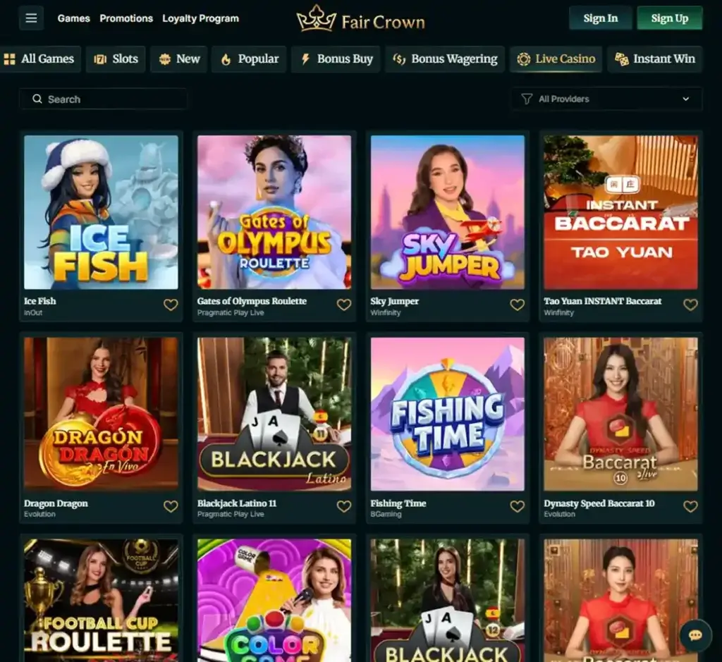 FairCrown Casino desktop live casino lobby featuring live dealer games and real-time streaming interface - tested FairCrown Casino desktop live casino lobby featuring live dealer games and real-time streaming interface - tested
