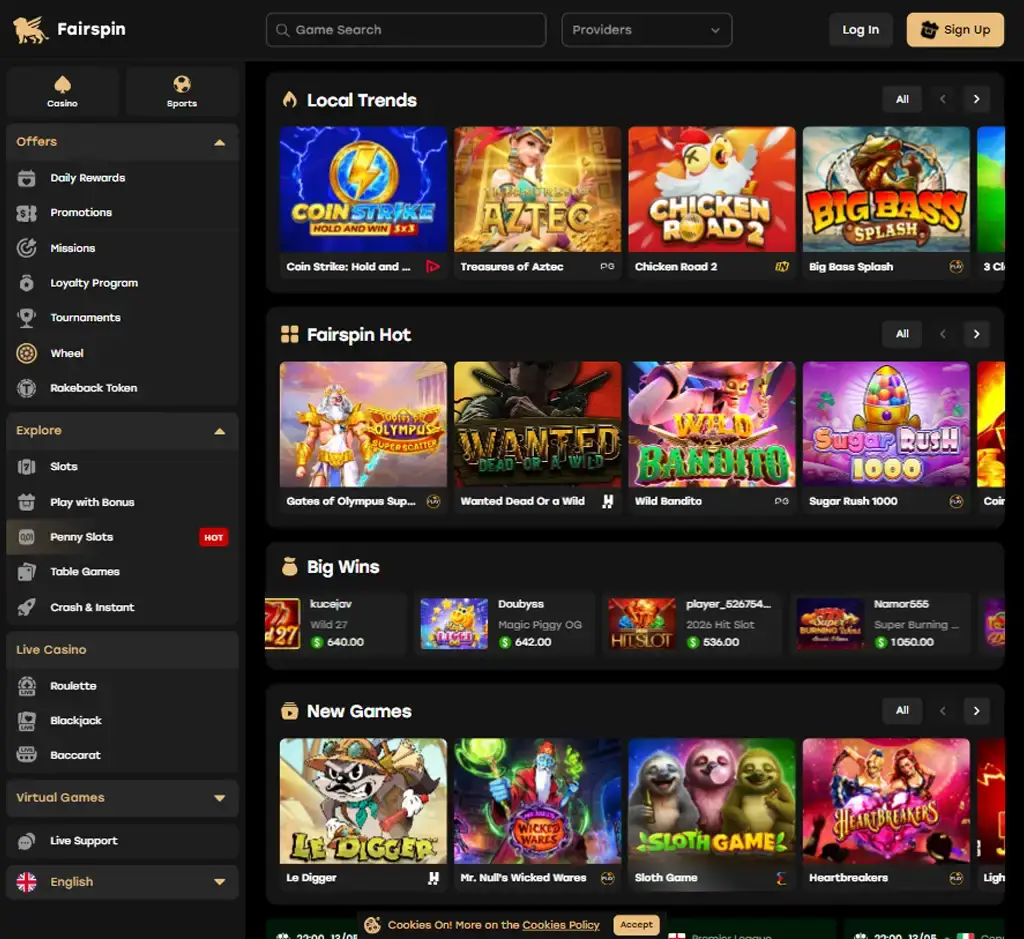 Fairspin Casino desktop homepage screenshot displaying main casino lobby with featured games, promotions and navigation menu - tested Fairspin Casino desktop homepage screenshot displaying main casino lobby with featured games, promotions and navigation menu - tested